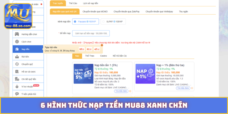 6 hình thức nạp tiền MU88 xanh chín